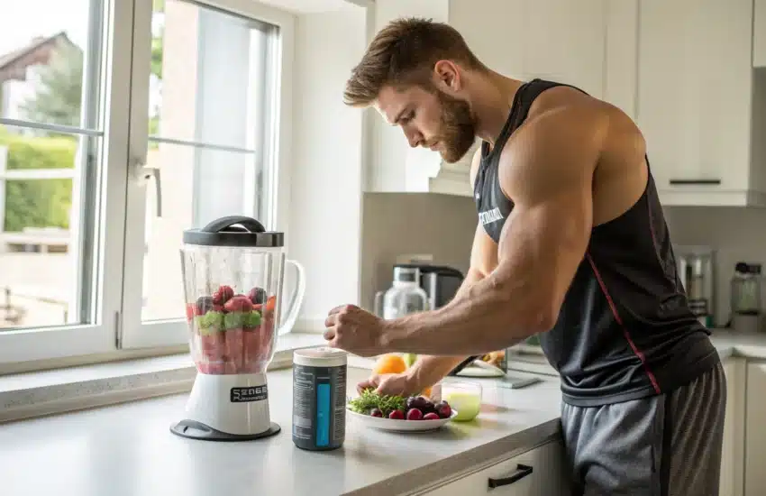 un sportif après sa session de musculation prépare un smoothie à base de whey