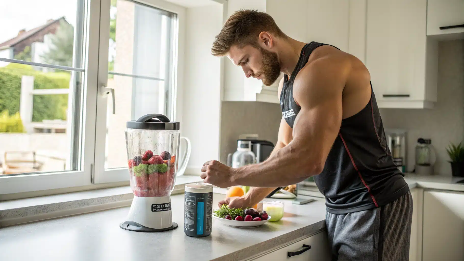 un sportif après sa session de musculation prépare un smoothie à base de whey